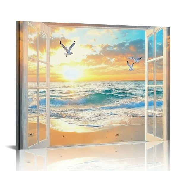 Wall Art Picture for Living Room - Window Frame Style Canvas Wall Decor Ocean Sunset - Blue Sea and White Sand Painting on Canvas for Bedroom Office Home Decoration