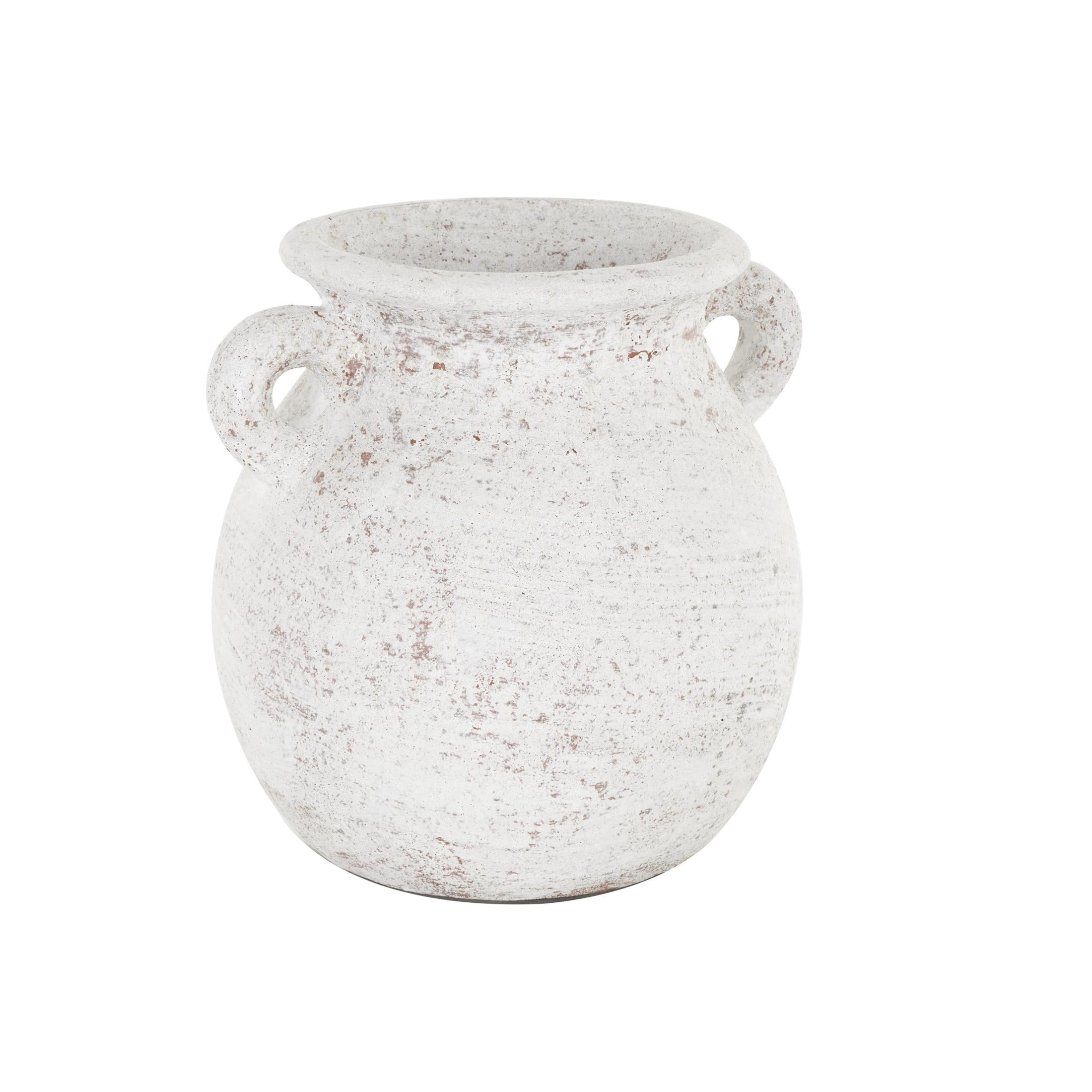 DecMode 10" Antique Style Textured Pot Cream Ceramic Vase with Handles