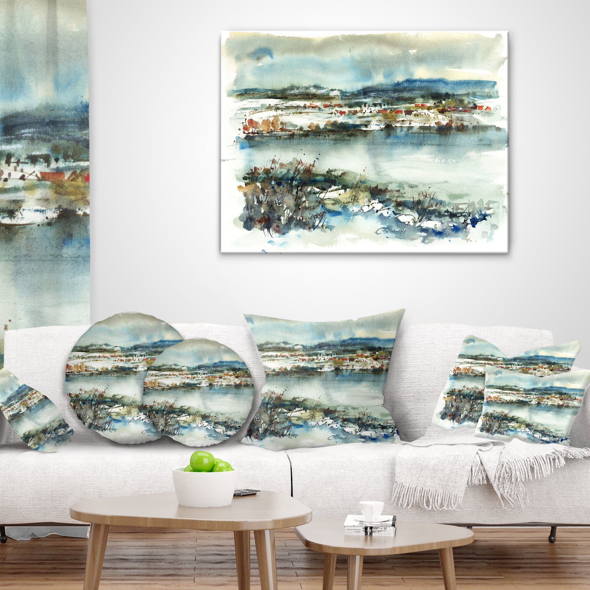 Designart Blue Winter Lake Watercolor - Landscape Painting Throw Pillow - 16x16
