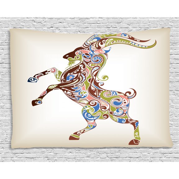 Goat Tapestry, Reared Up Goat with Grandioso Horns and Colorful Oriental Ornaments as Zodiac Symbol, Wall Hanging for Bedroom Living Room Dorm Decor, 60W X 40L Inches, Multicolor, by Ambesonne