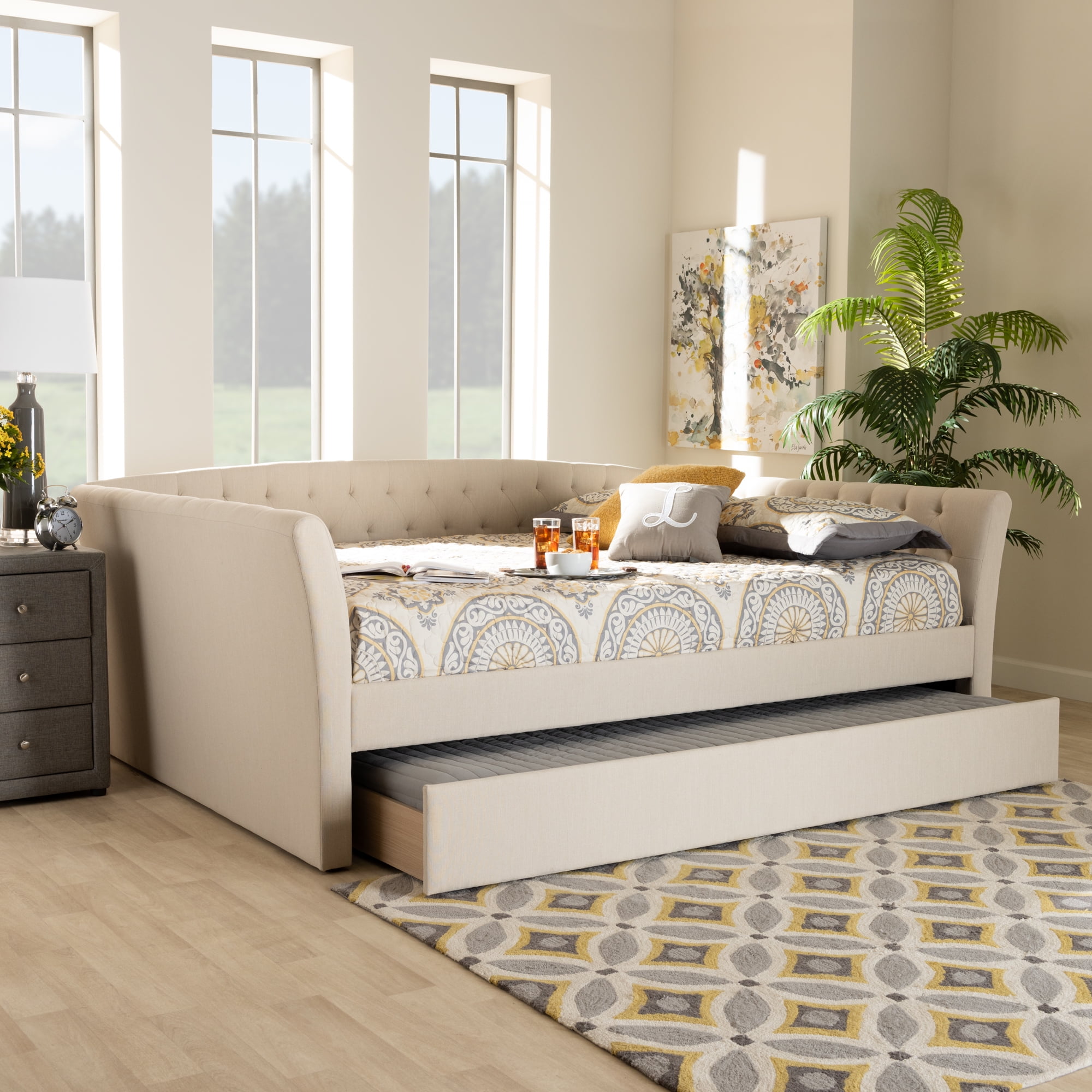 Baxton Studio Delora Beige Upholstered Queen Size Daybed with Roll-Out