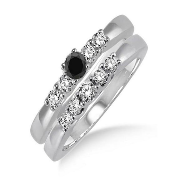 1.25 Carat Black Diamond Elegant 5 stone Bridal Set on 10k White Gold