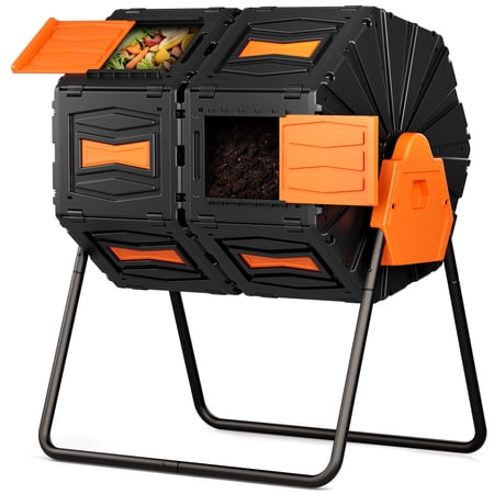 Efurden Dual 45 Gallon Chamber Compost Bin, Outdoor Rotating Compost Tumbler with Aeration System for Garden Kitchen and Yard Waste (Orange)