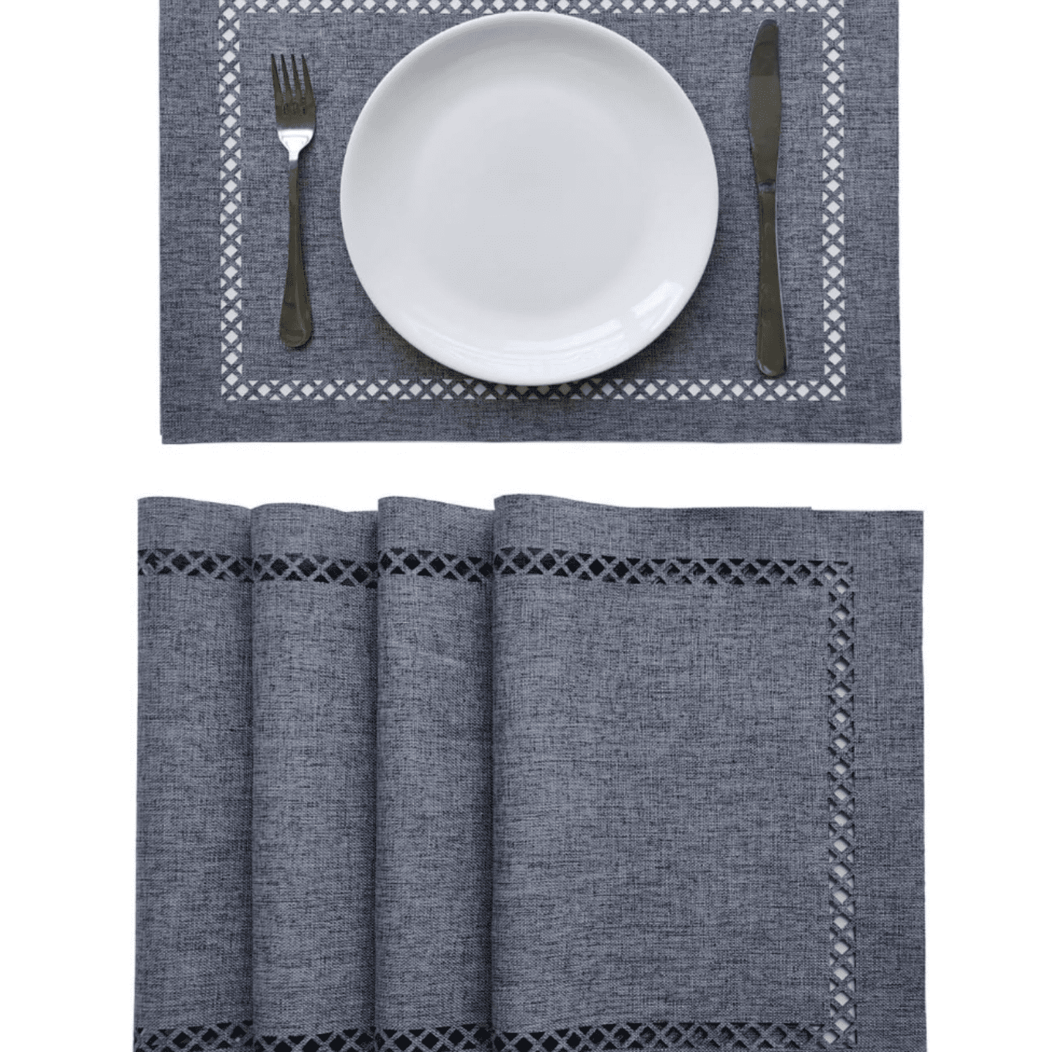 Placemats Set of 4 for Dining Table with Hollow Edge Design- Table Mats 12x 18 Inch, Cloth Place mats Mac (Grey 4pcs)