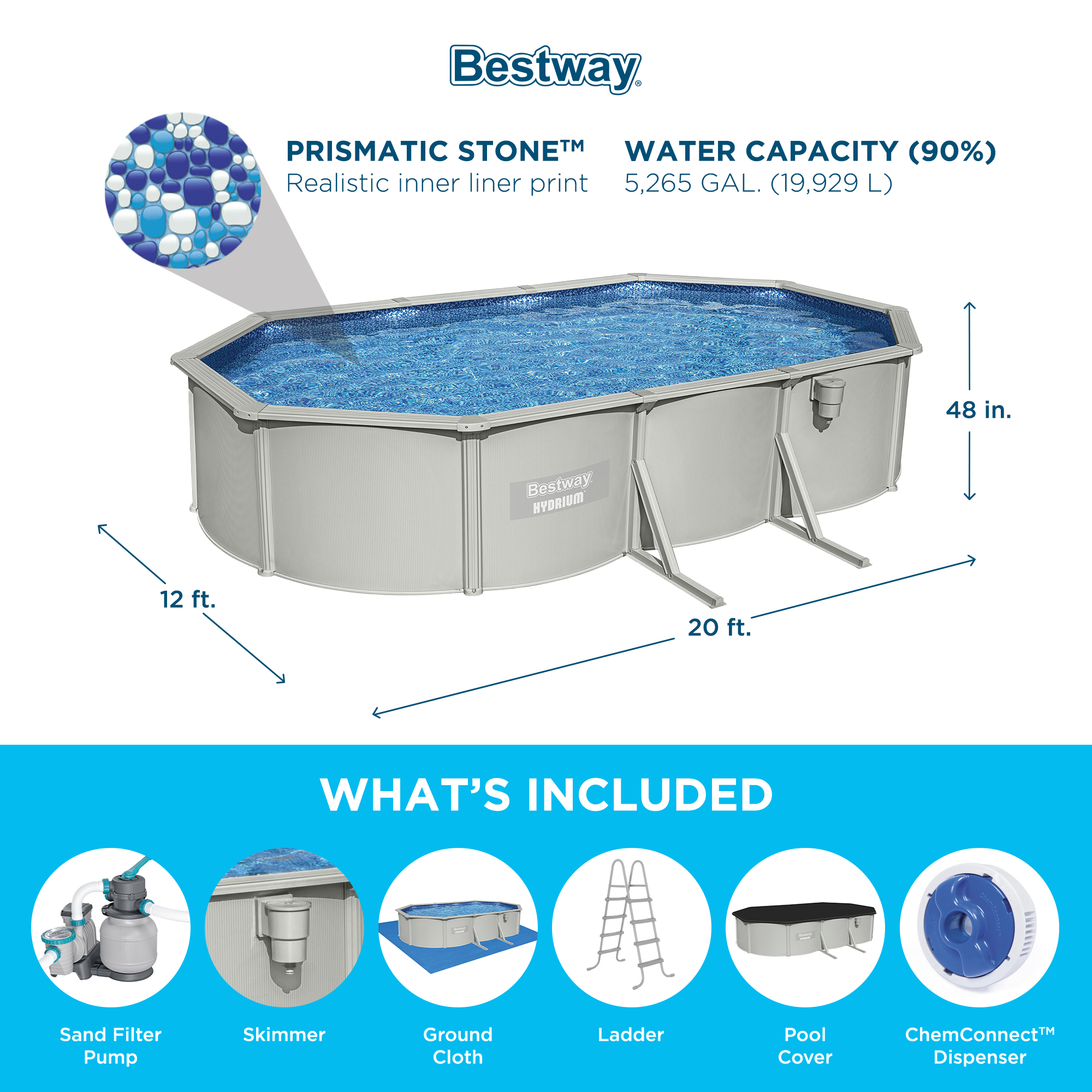 Bestway Hydrium 20'x12'x48" Steel Side Wall Above Ground Pool w/ Sand Pump & Accessories
