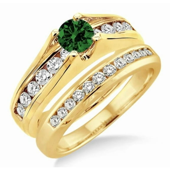 Classic Art Deco 2 Carat 6mm Round Cut Moissanite Diamond Engagement Ring Bridal Set on 10k Yellow Gold