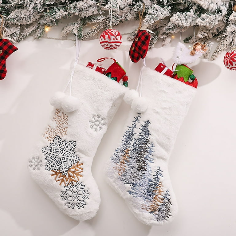 Happy Date White Christmas Stockings Large Faux Fur Silver