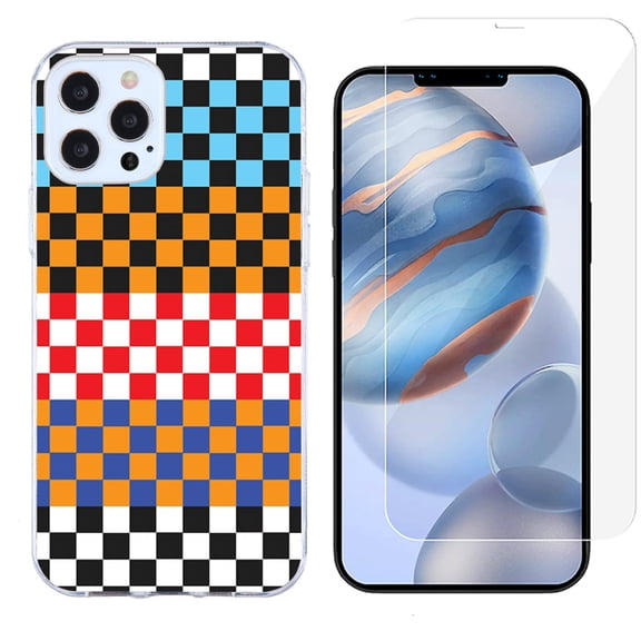 Slim-Fit Protective Phone Case compatible with iPhone 12 Pro Max, with Tempered Glass Screen Protector, by OneToughShield ® - Colorful Checker