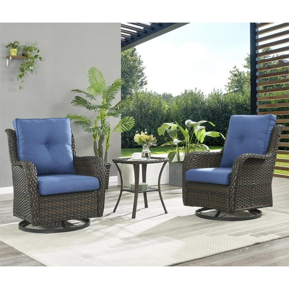 PARKWELL 3-Piece Outdoor Swivel Gliders with Side Table - Patio Wicker Bistro Furniture Set for Porch Deck Backyard - Blue Cushioned Swivel Rocking Chairs in Brown Wicker