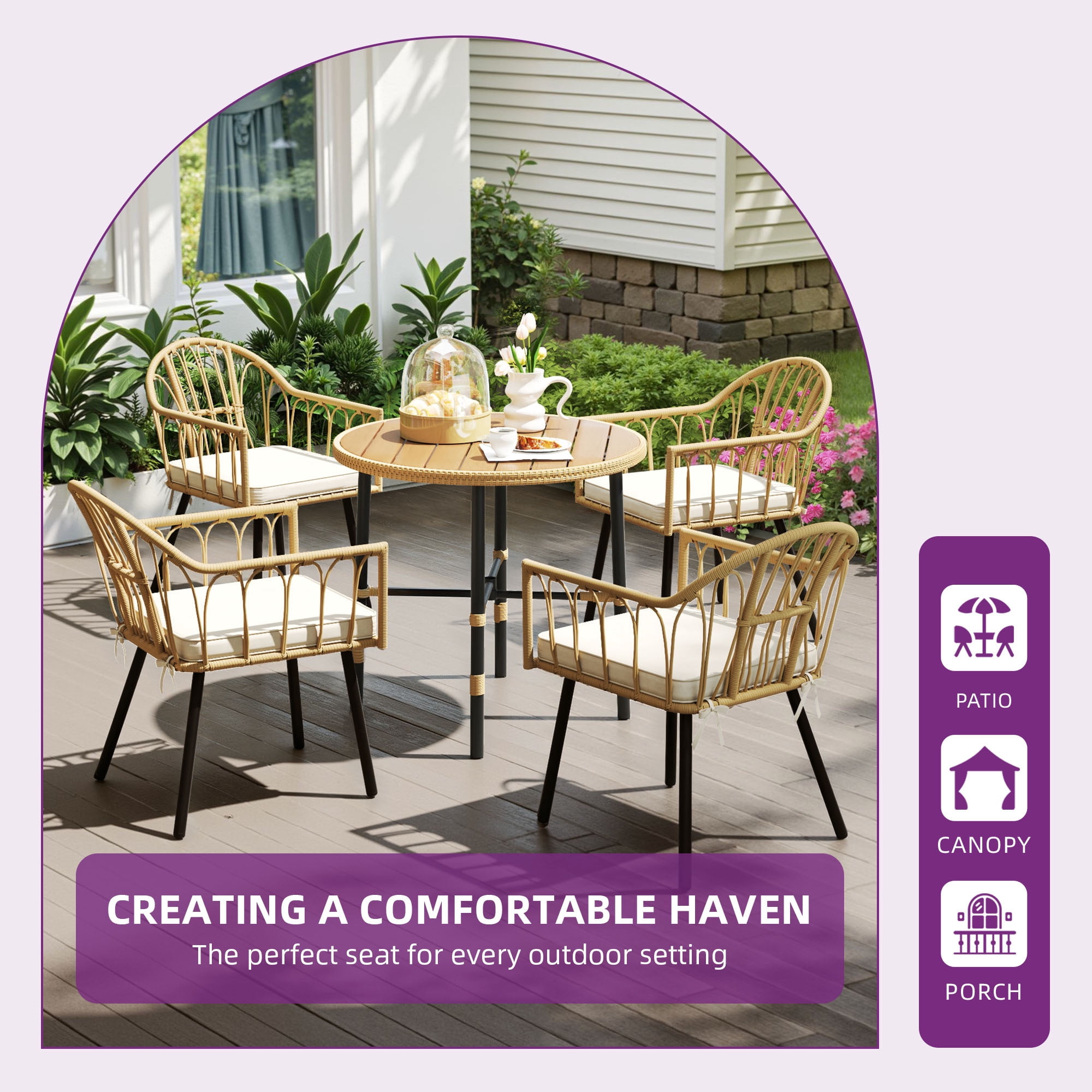 Uforic 4-Piece Rattan Wicker Dining Chairs, All-Weather Indoor Outdoor Patio Bistro Chairs with Cushion and Curved Back, Perfect for Garden Backyard Porch Poolside Restaurant, Beige