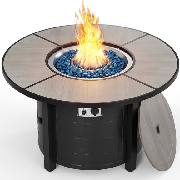 TLGREEN 42" Propane Fire Pit Table with Lid, 50,000 BTU Auto-Ignition Circular Gas Fire Pit for Outdoor, Includes Waterproof Cover & Blue Fire Glass (Gray)