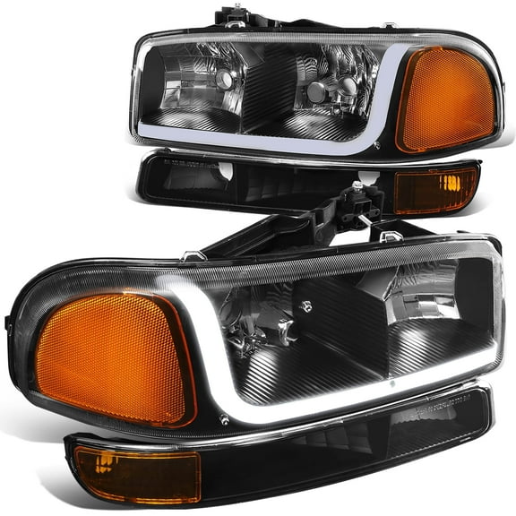 DNA Motoring For 99-07 GMC Sierra Yukon LED DRL Headlight w/Bumper Signal Lamp Pair Black Amber