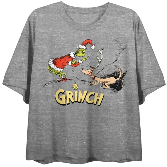 The Grinch & Max Women's Athletic Heather Crew Neck Short Sleeve Crop Top-XL