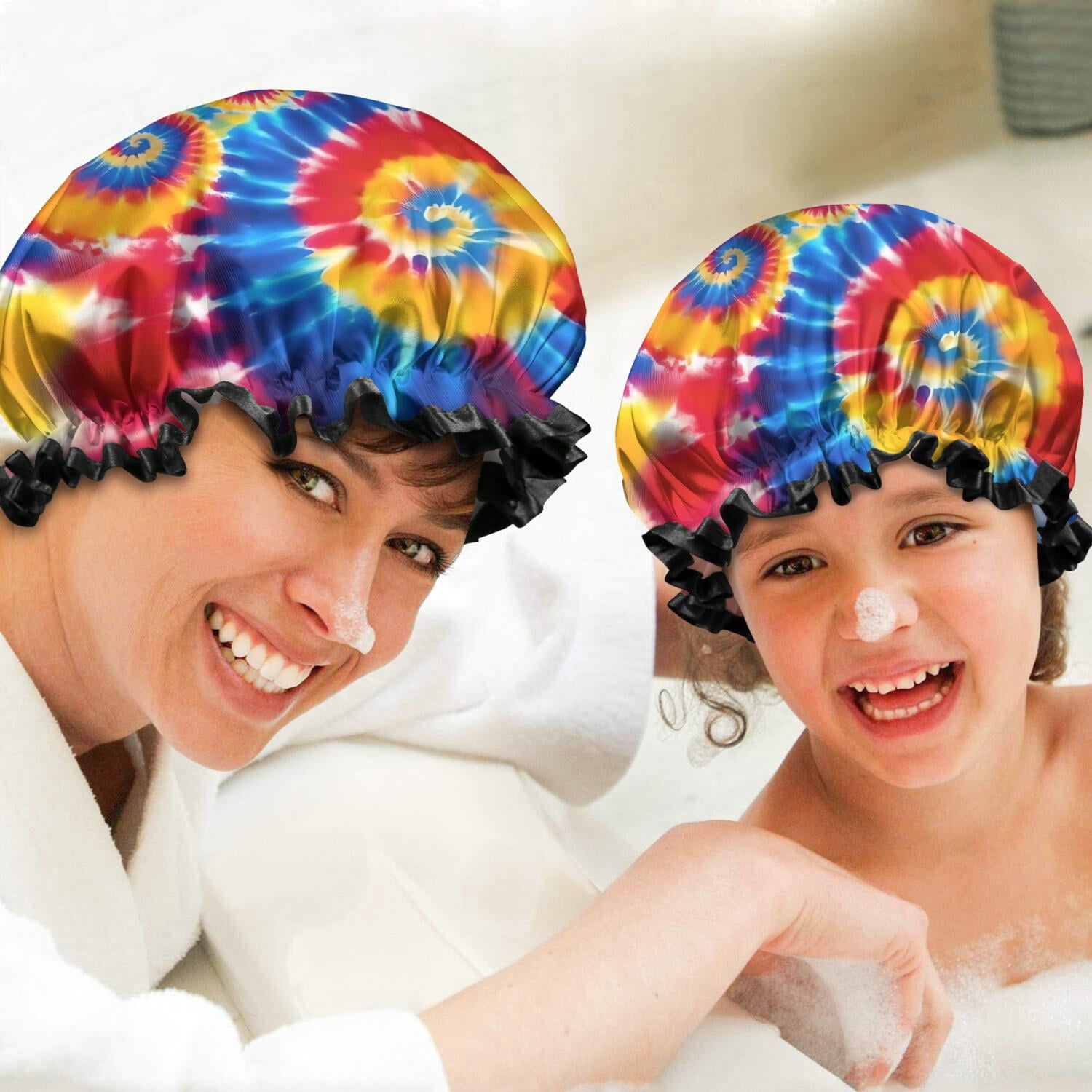 Shower Caps,Colorful Tie Dye Multi Spiral Pattern Waterproof Shower Cap for Women 4 Pieces,Double Reusable Hair Cover for Shower PEVA Elastic Stretch Hem