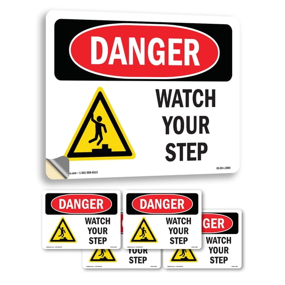 Watch Your Step OSHA Danger Vinyl Decal Label 7 Inch x 5 Inch - 5 Pack