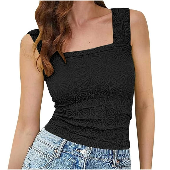 Jewelreauty Womens Square Neck Wide Strap Crop Tank Tops Casual Sleeveless Slim Fitting Solid Blouses (S, Black)