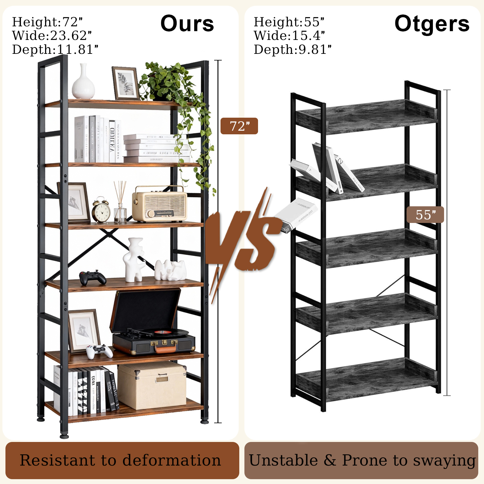 ZEUKMXOO 6 Tier Bookshelf , Modern Freestanding Display Bookcase Shelf, Vintage Wood Storage Organizer , Tall shelving unit for Living Room, Home Office, Bedroom, Pantry