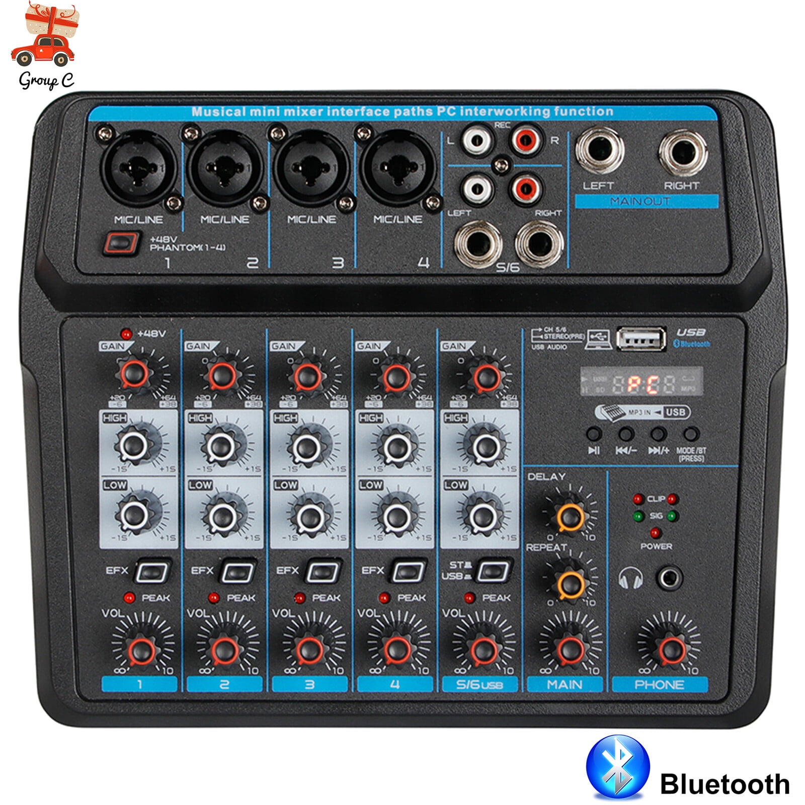 6 Channel Live Studio Audio Mixer USB Bluetooth DJ Sound Mixing Console Amplifie