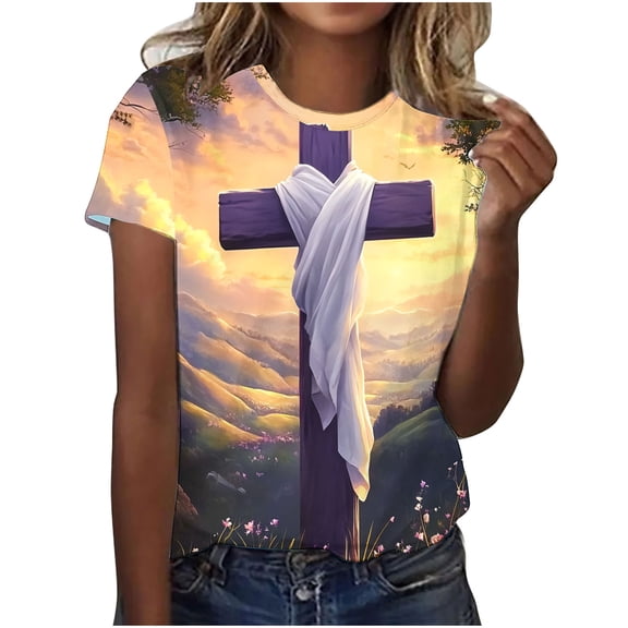 successthop Easter Clothes Women Cross Print Casual Short Sleeve Vacation T Shirt Crewneck Tops Summer Beach Clothes 2XL