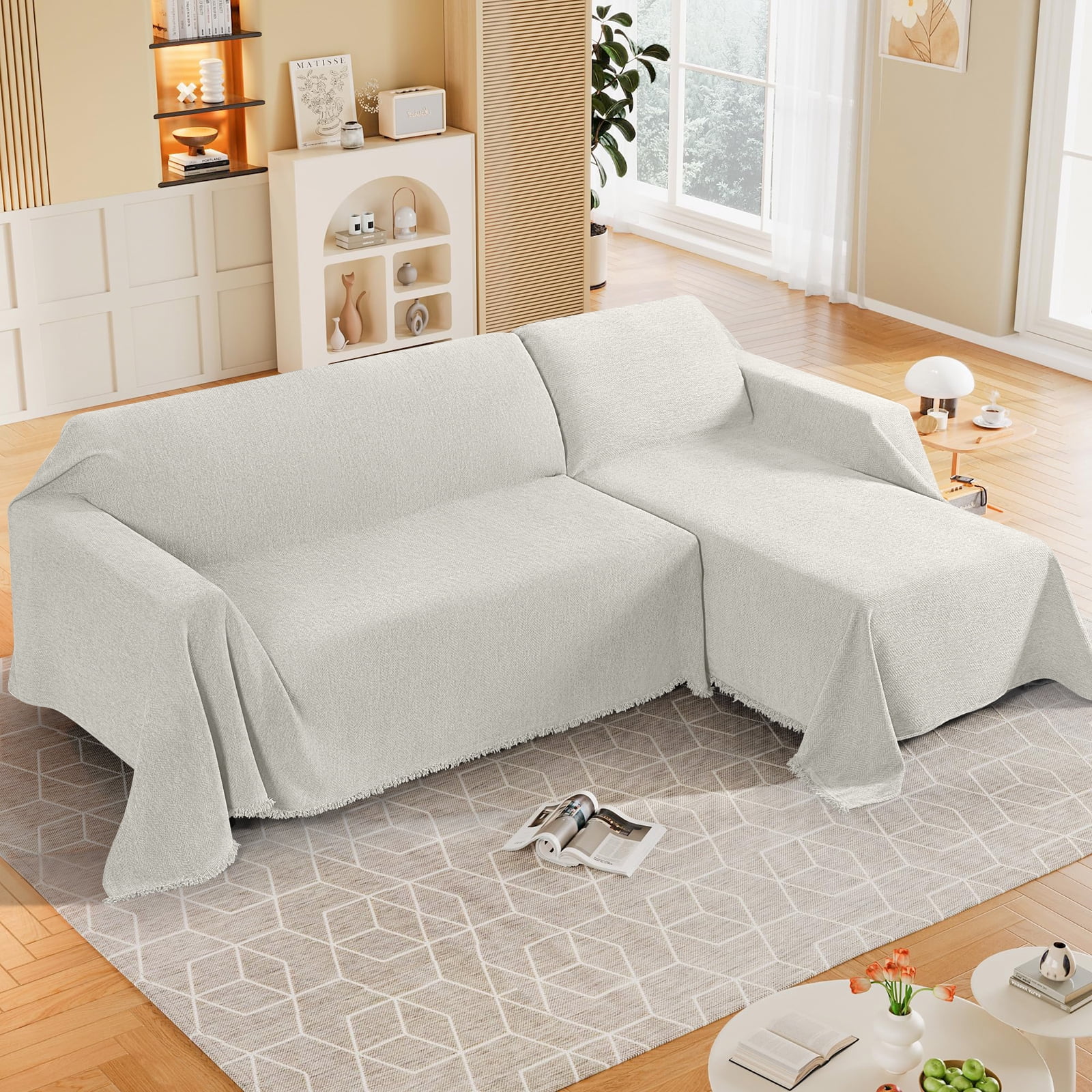 Timeles Couch Covers Washable Loveseat Sofa Covers with Tassels Sofa Blanket Soft and Durable Furniture Protector for Kids Pets (71" x 102", Cream)