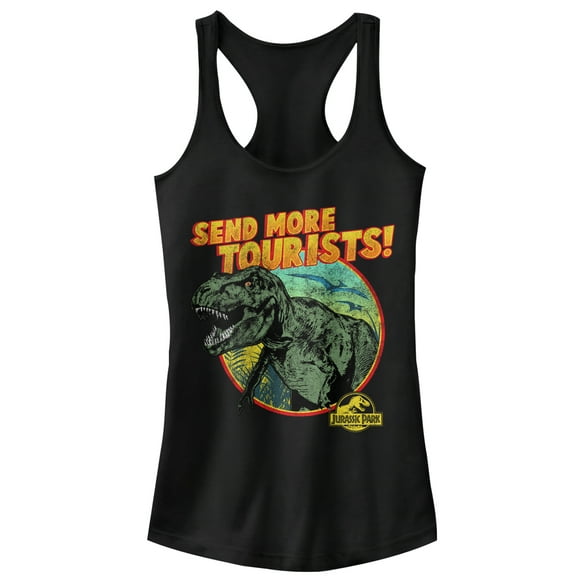 Junior's Jurassic Park Vintage Send More Tourists  Racerback Tank Top Black X Large
