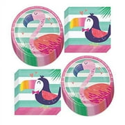 Pineapple Friends Flamingo and Toucan Summer Paper Dessert Plates and Beverage Napkins (Serves 16)