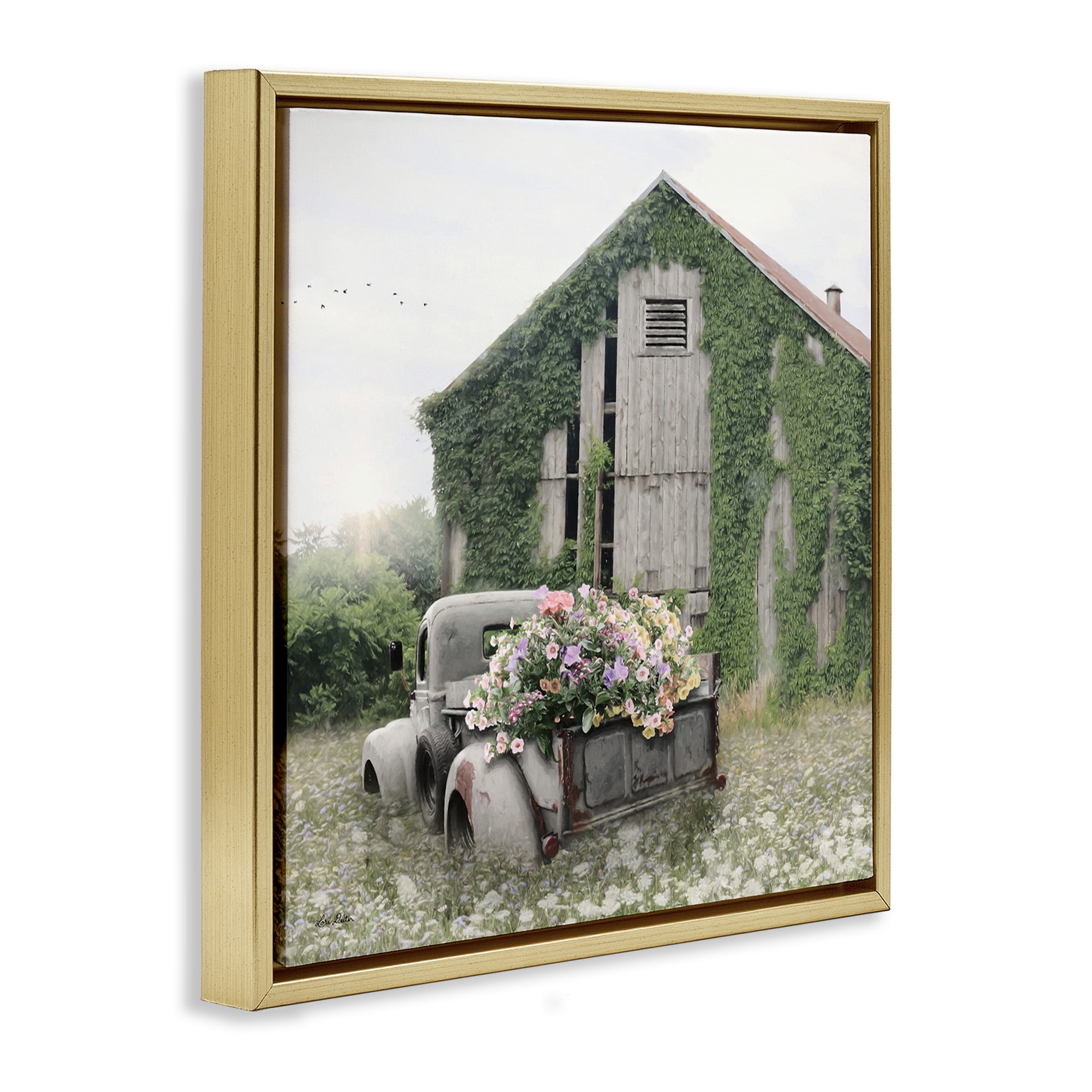 Stupell Industries Magical Farmhouse Barn with Vines Landscape Photography Gold Floater Framed Canvas Art Print Wall Art, 18 x 18