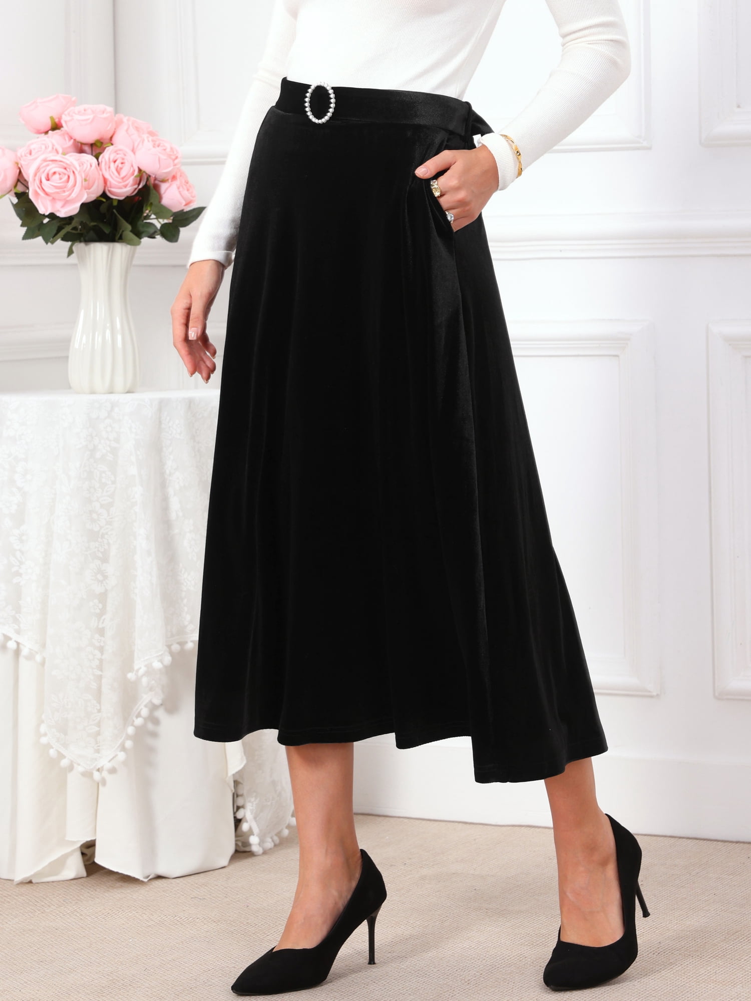 DARING DIVA Women's Velvet Long High Waist Elegant Cocktail Skirt XL Black