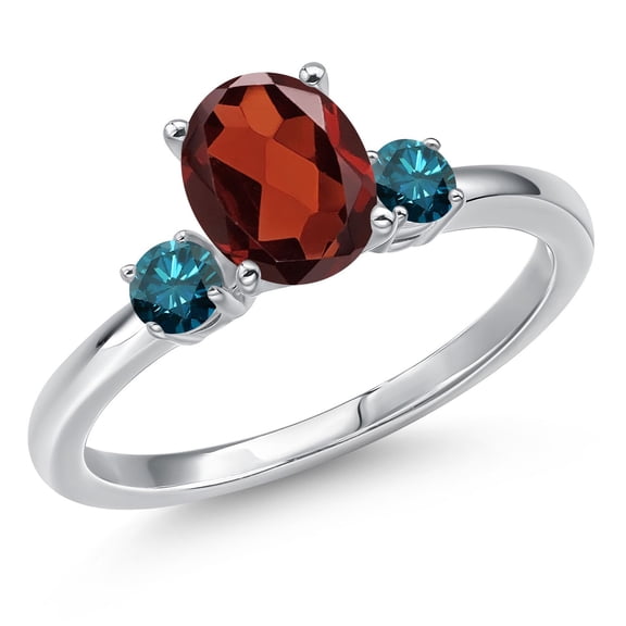 Gem Stone King 14K White Gold Red Garnet and Blue Diamond Engagement Ring for Women | 1.70 Cttw | Oval 8X6MM | Gemstone January Birthstone | Size 5
