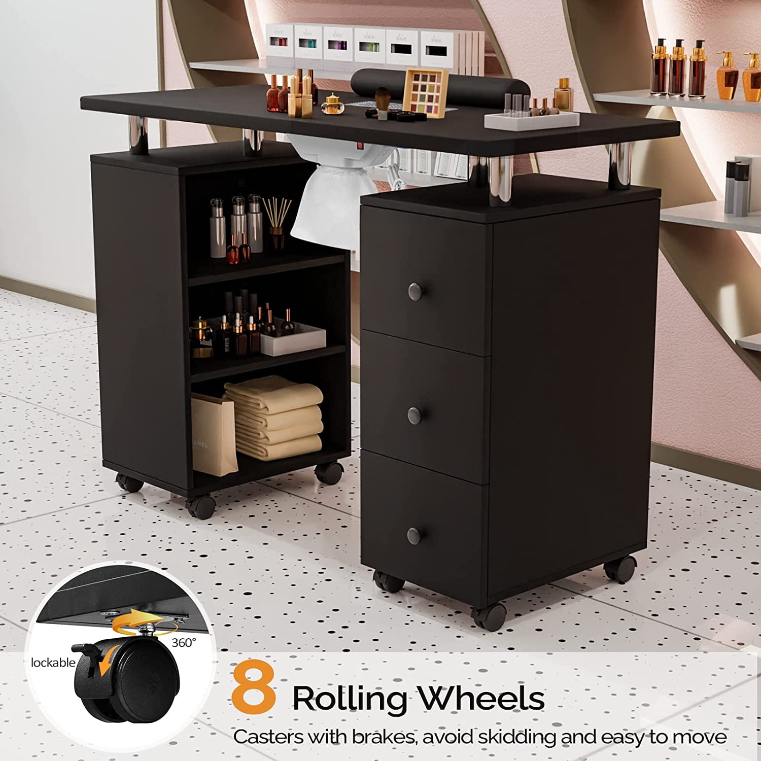 OmySalon Nail Desk Manicure Table for Nail Tech w/Electric Dust Collector, Portable Nail Table Station Beauty Salon Supplies Acetone Resistant w/Lockable Wheels,Wrist Cushion,3-Tier Shelves&Drawers