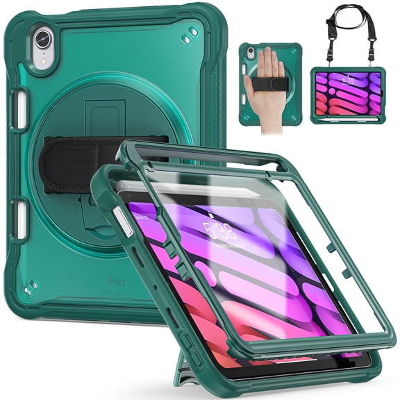 ELEHOLD Shockproof Case for iPad mini 8.3" 6th Gen 2021, Heavy Duty Protective Cover with Built-in Screen Protector, 360° Rotatable Hand Strap and Shoulder Strap, Darkgreen