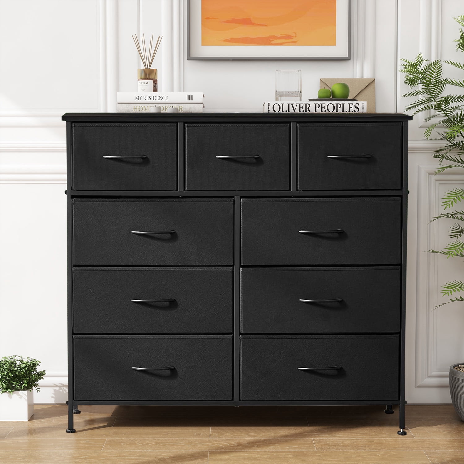 Taoset 9-Drawer Fabric Dresser with Wood Top - Compact Storage Organizer for Adult for Bedroom, Closet, Black