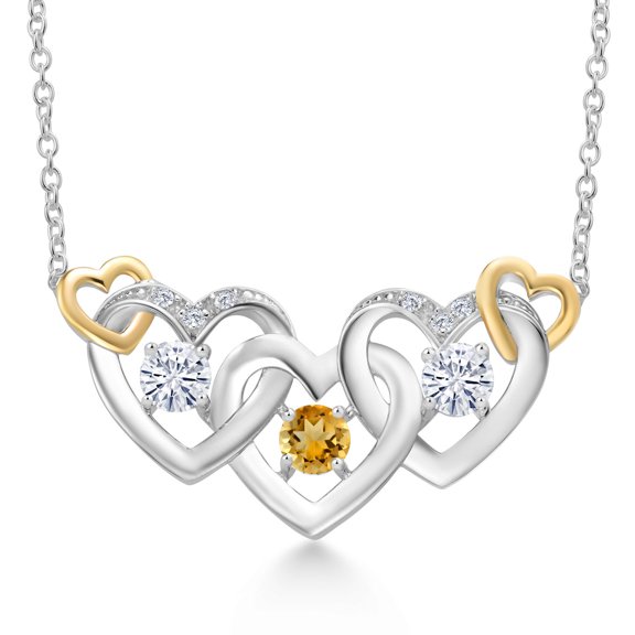 Gem Stone King 925 Silver and 10K Yellow Gold Yellow Citrine White Moissanite and White Lab Grown Diamond Heart Shape Pendant Necklace for Women (0.78 Cttw, with 18 inch Chain)