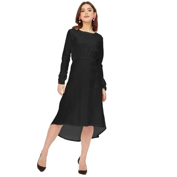 Moomaya Solid Rayon Long Sleeve Fit & Flare Dress - Round Neck Casual Dress