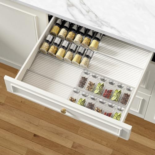 Spice Drawer Organizer, 4 Tier-2 Set Clear Spice Rack Tray Expandable From 11'' to 22'', Seasoning Organizer with non-slip tape for Kitchen, Cabinet, Drawers, Countertop(JARS NOT INCLUDED)