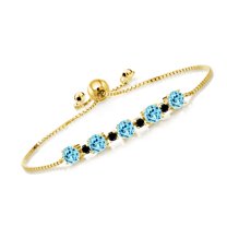 Gem Stone King 2.74 Ct Round Blue Apatite Black Diamond 18K Yellow Gold Plated Silver Tennis Bracelet for Women