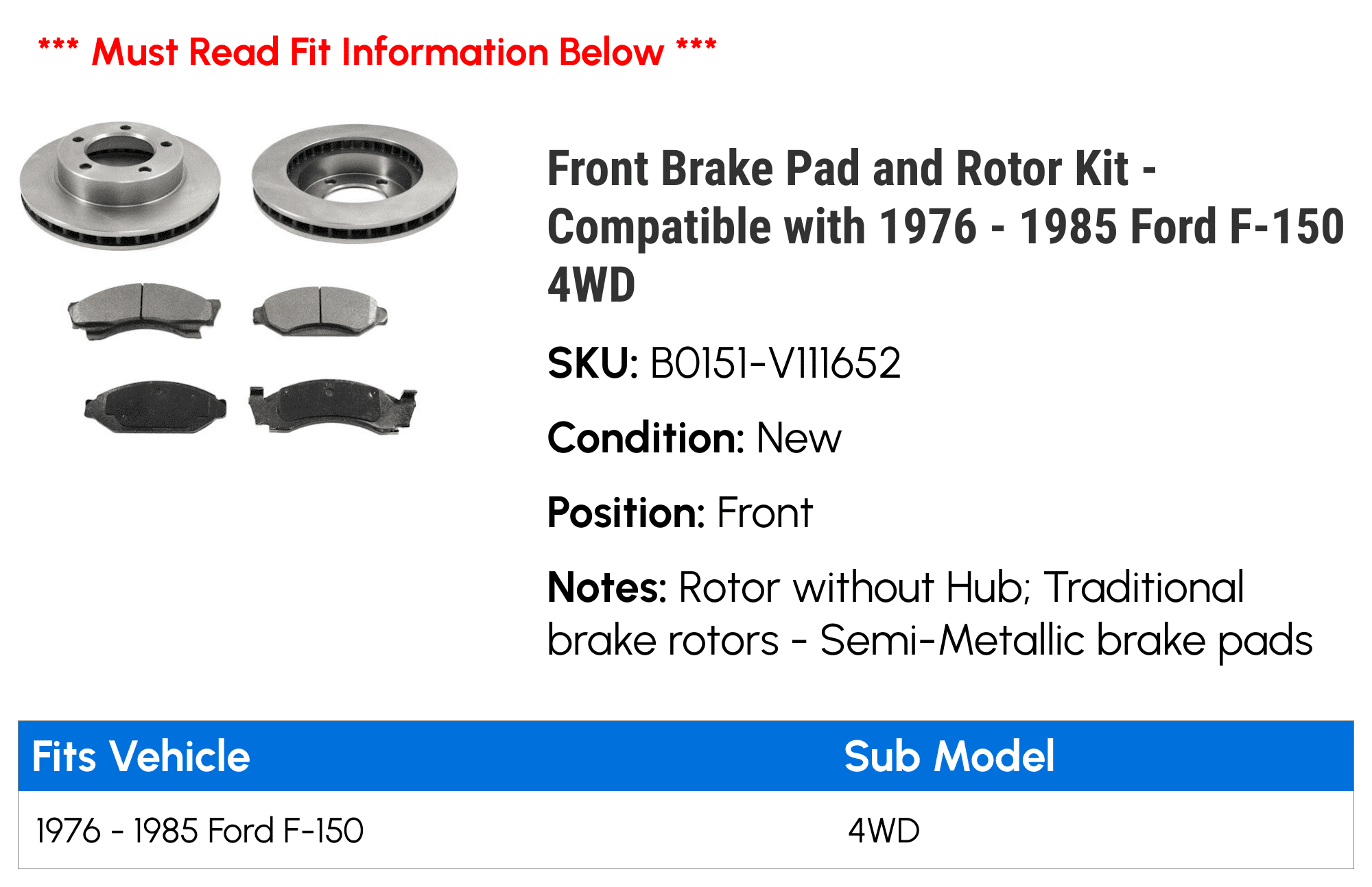 DuraGo Front Brake Pad & Rotor Kit For 1976-1985 Ford F150 – Semi-Metallic, Direct Fit (11585XD)