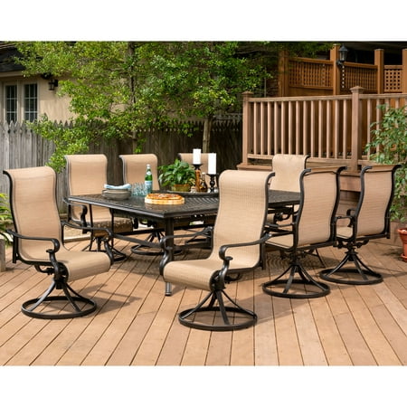 Hanover - Brigantine 9-Piece Dining Set with an XL Cast-Top Dining Table and 8 Sling-back Swivel Rockers - Cast/Tan