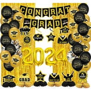 Trgowaul 2024 Black Gold MMF7Party Decorative Set Banner, "2024" Digital Balloon,Tassel Curtains*2,Latex Balloon * 35, and 2024 Party Decorative Ornaments*12