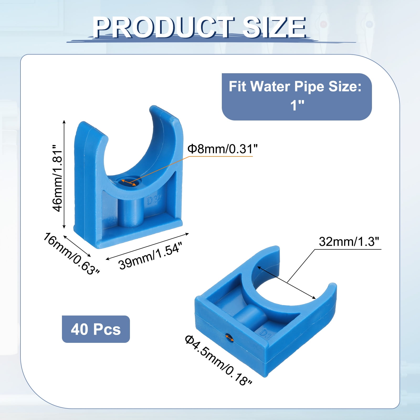 40Pcs Water Pipe Clamps Clips, U-Shaped Water Pipe Buckles Pipe Tubing Clamps for 1.3" OD TV Trays Pipe Tubing Hose Hanger Support Tubing, Blue
