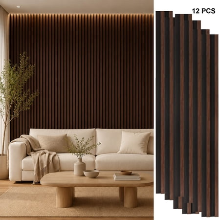 PS Wood Slat Wall Panels 12 Pack 3.94 x 92.91 in Covers Approx. 30.5 sq.ft. 3D Fluted Wall Panels for Interior Decor Modern Wall Paneling for Bedroom Living Room Office & TV Wall Dark Walnut