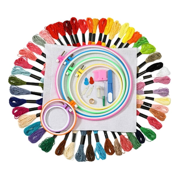 Kit de bordado que incluye hilos multicolor, aros de bordado y herramientas para principiantes 6 aro de plástico + hilo de 100 colores