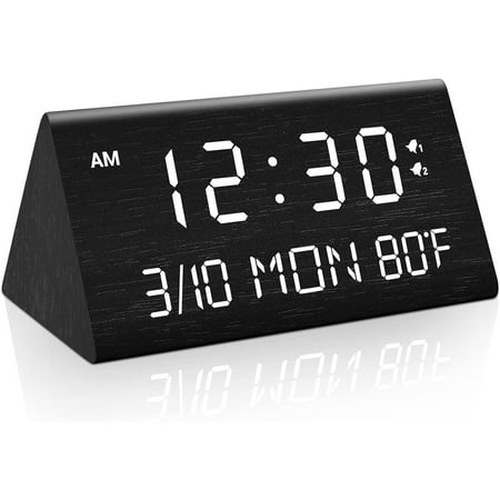 Wooden Digital Alarm Clock, 0-100% Dimmer, 2 Alarm Settings, Weekday/Everyday Mode, 9 Mins Snooze, 12/24H, Temperature and Date Display for Office, Travel, Bedroom Alarm Clock (Black)