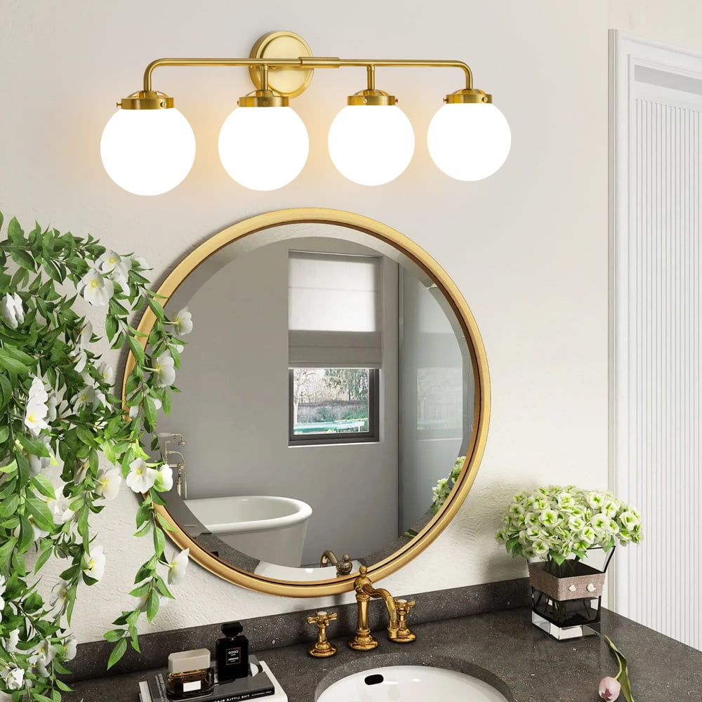 Vanity Lights for Bathroom Gold 4-Light Globe Mordern Vanity Light Fixtures Over Mirror with White Globe Shade