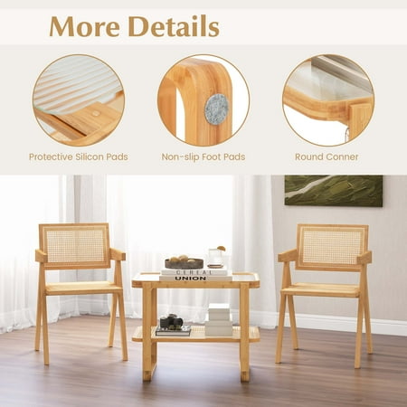 Costway 1 PC Bamboo Side Table with Rattan Shelf Glass Top Nightstand Small Sofa End Table - Natural