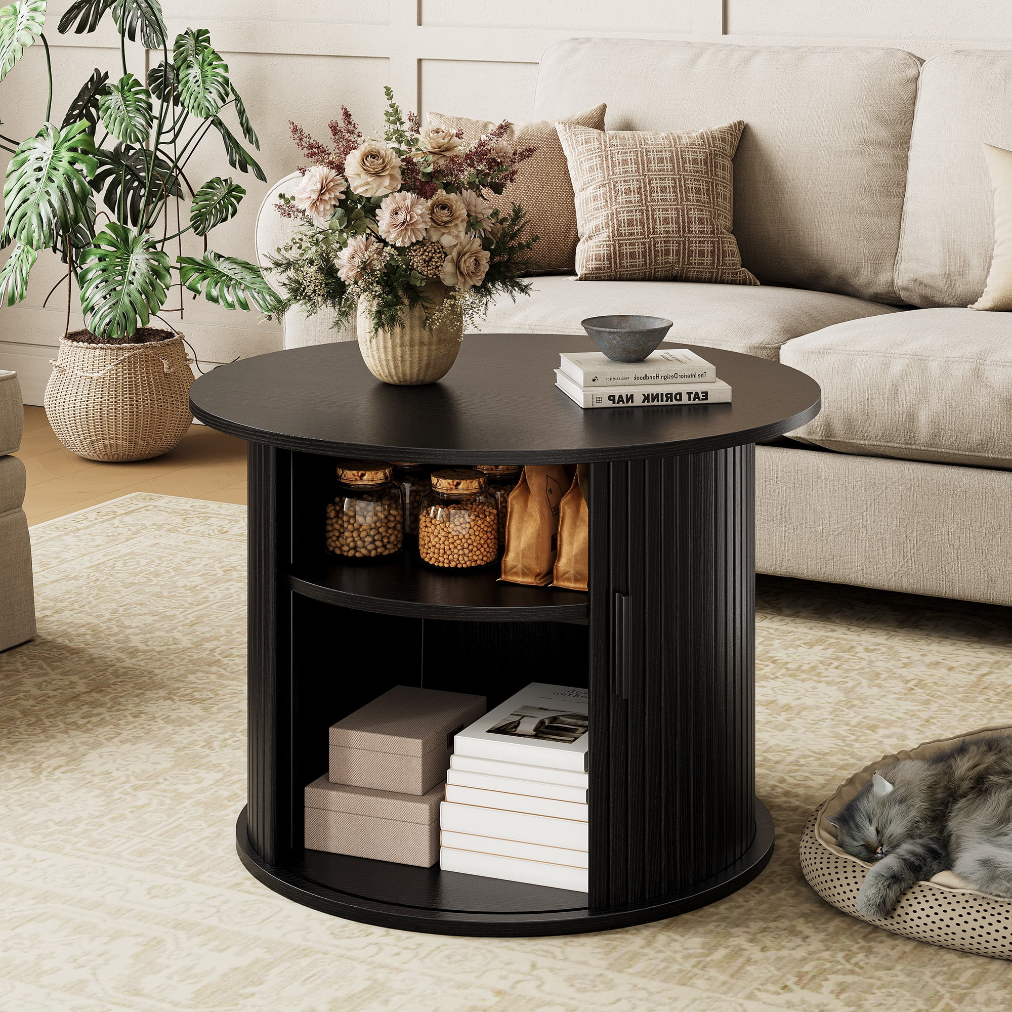 GUNAITO Round Small Coffee Table with Storage, Modern Farmhouse Center Table with Shelf Wood Table for Living Room, Black