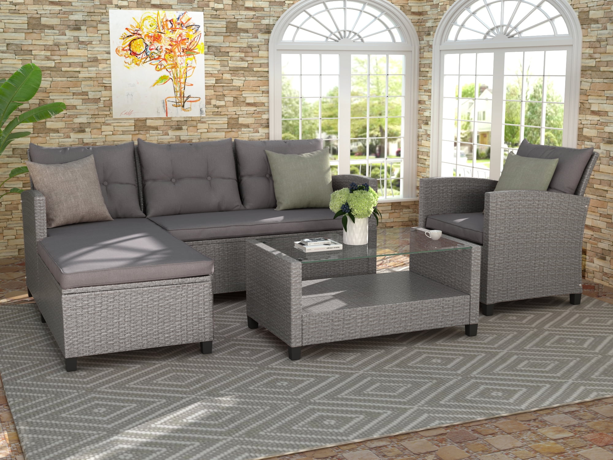 Clearance! Rattan Patio Sofa Set, 4 Pieces Outdoor Sectional Furniture