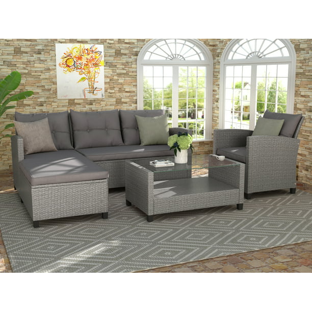 Clearance Rattan Patio Sofa Set 4 Pieces Outdoor Sectional Furniture