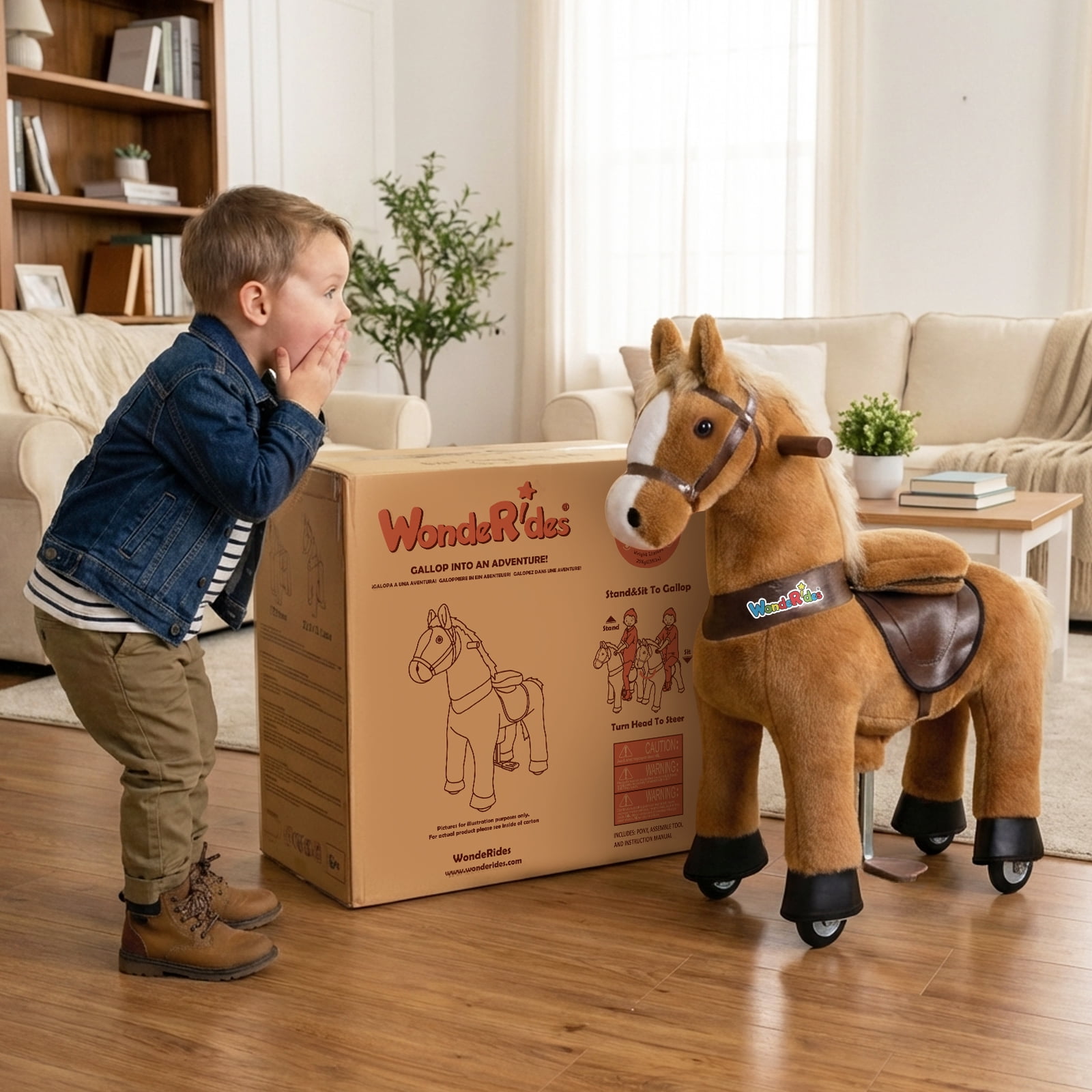 WondeRides Ride on Rocking Horse Toy Plush Walking Animal Pony Mechanical Horse Toy with Wheels Medium Size 4 for Age 4-9