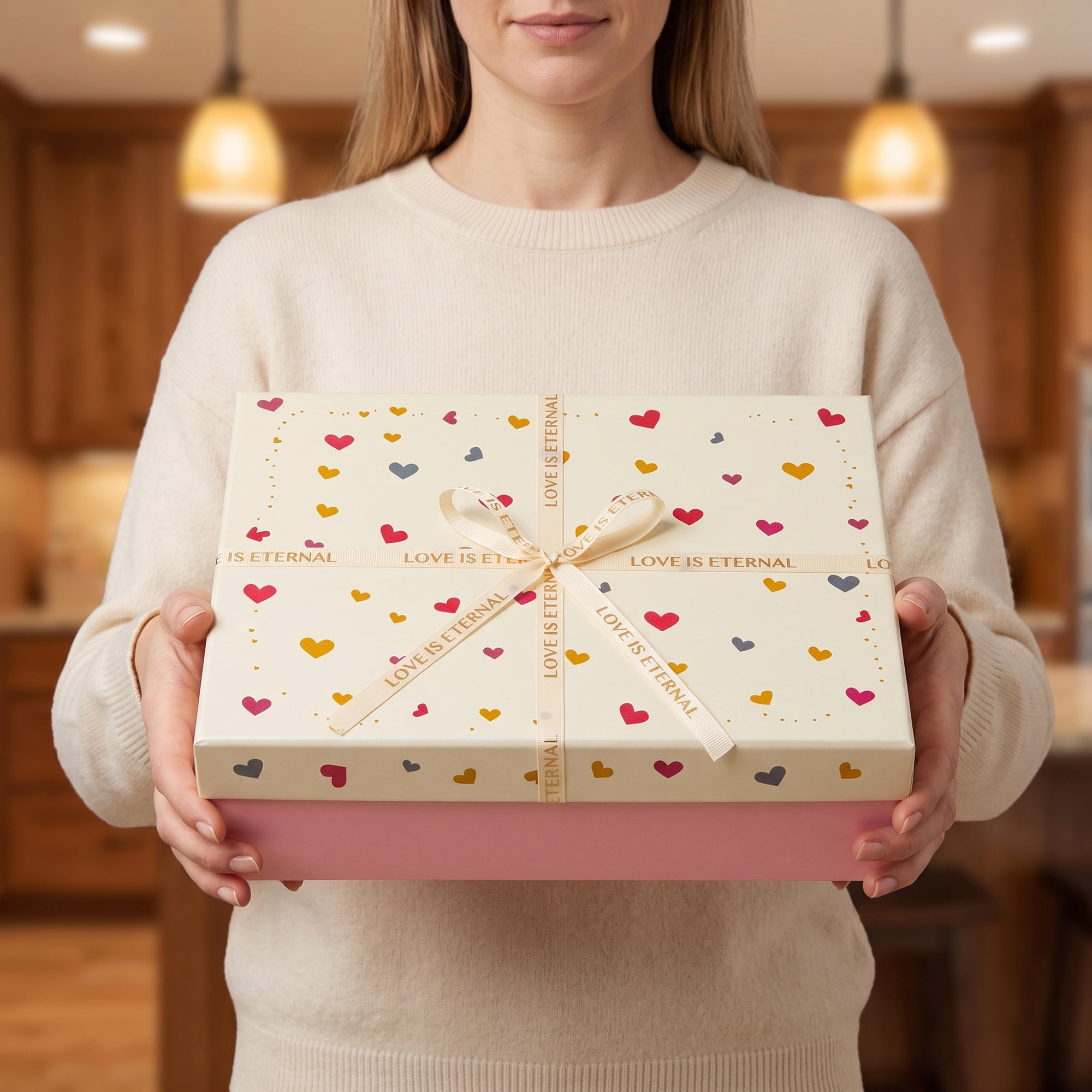 Unique Bargains Colorful Heart Shaped Ribbon Versatile Gift Box Pink 11" x 7.9" x 3.5"